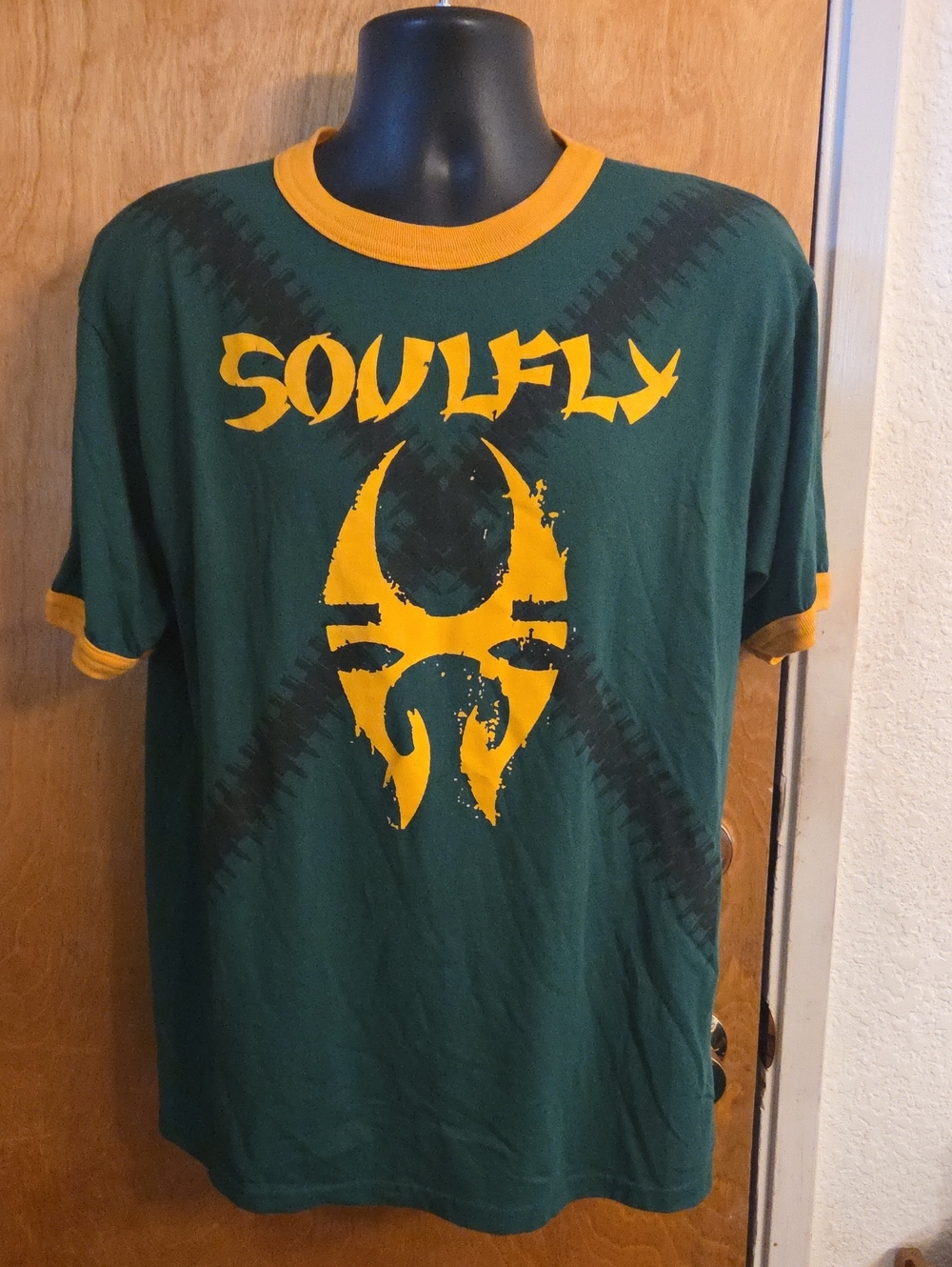 Rare Vintage Soulfly Green And Yellow Ringer Jersey Tshirt  #13 Cavalera Sz Lrg